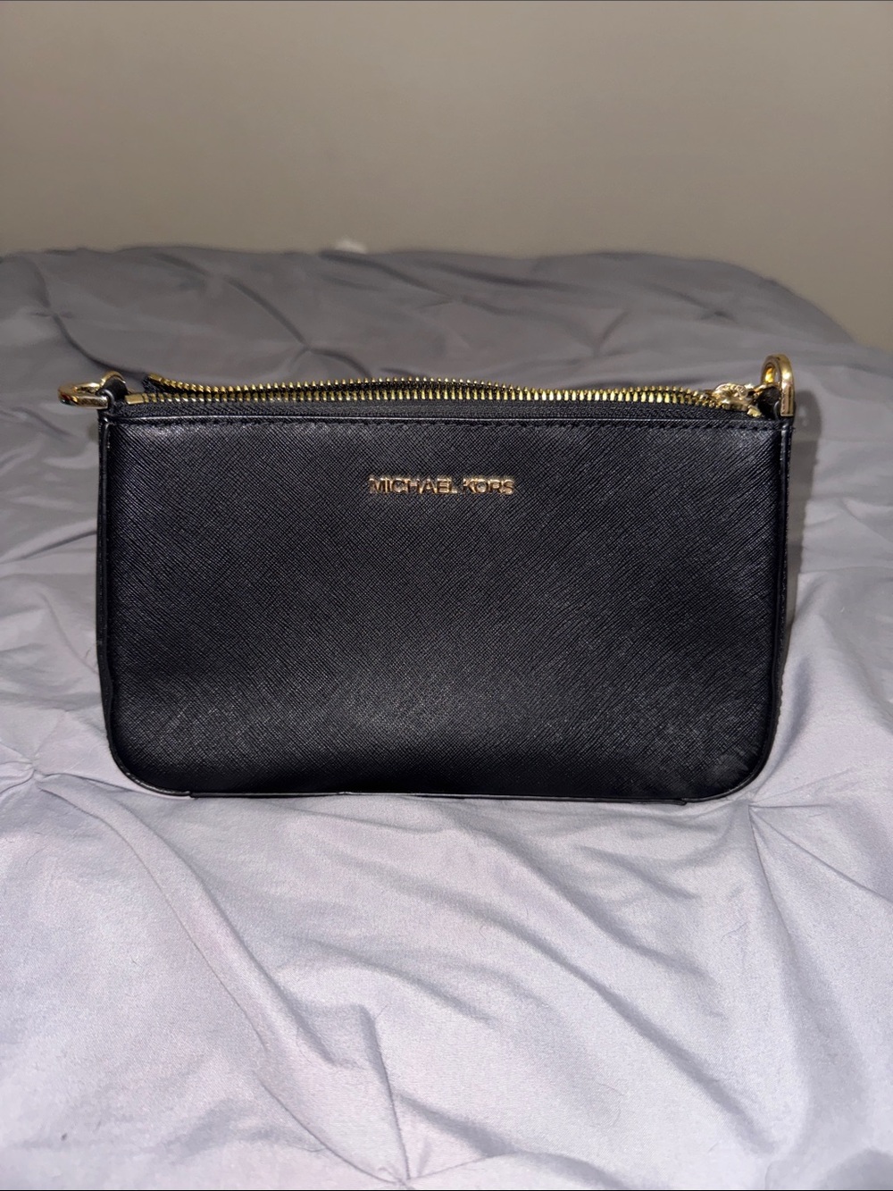 Michael Kors Black Saffiano Leather Mini Wristlet with Gold Hardware
